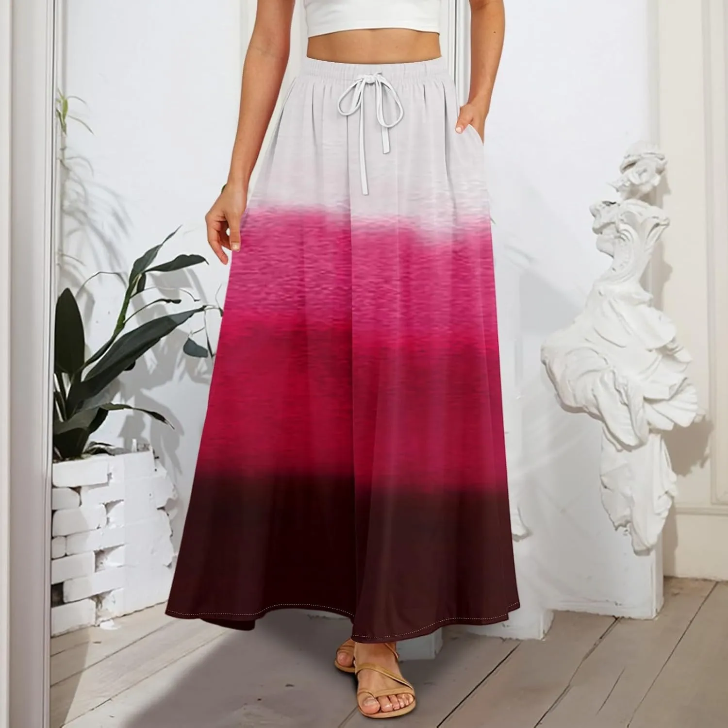 Women's Long Skirts Fall High Waisted Stretchy Vintage Floral Beach Swing Maxi Skirt, S-2XL