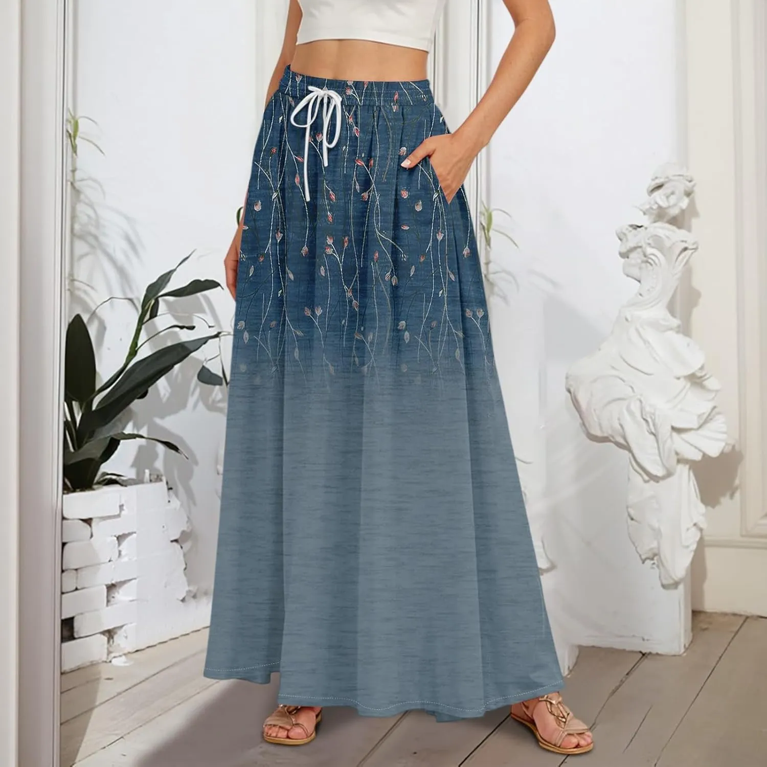 Women's Long Skirts Fall High Waisted Stretchy Vintage Floral Beach Swing Maxi Skirt, S-2XL