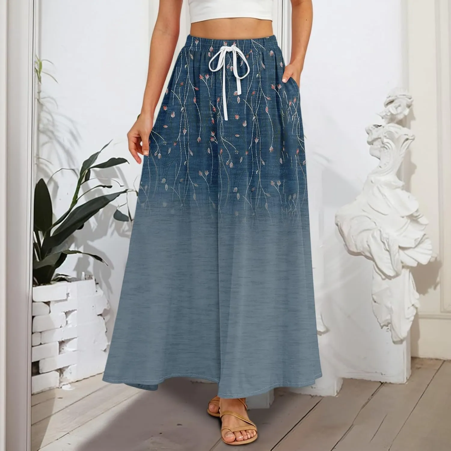 Women's Long Skirts Fall High Waisted Stretchy Vintage Floral Beach Swing Maxi Skirt, S-2XL