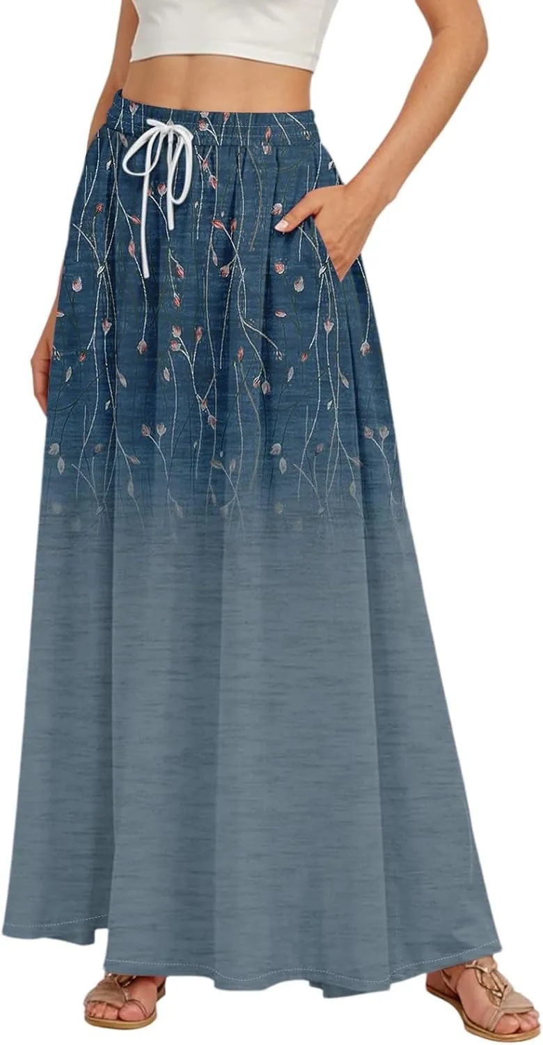 Women's Long Skirts Fall High Waisted Stretchy Vintage Floral Beach Swing Maxi Skirt, S-2XL