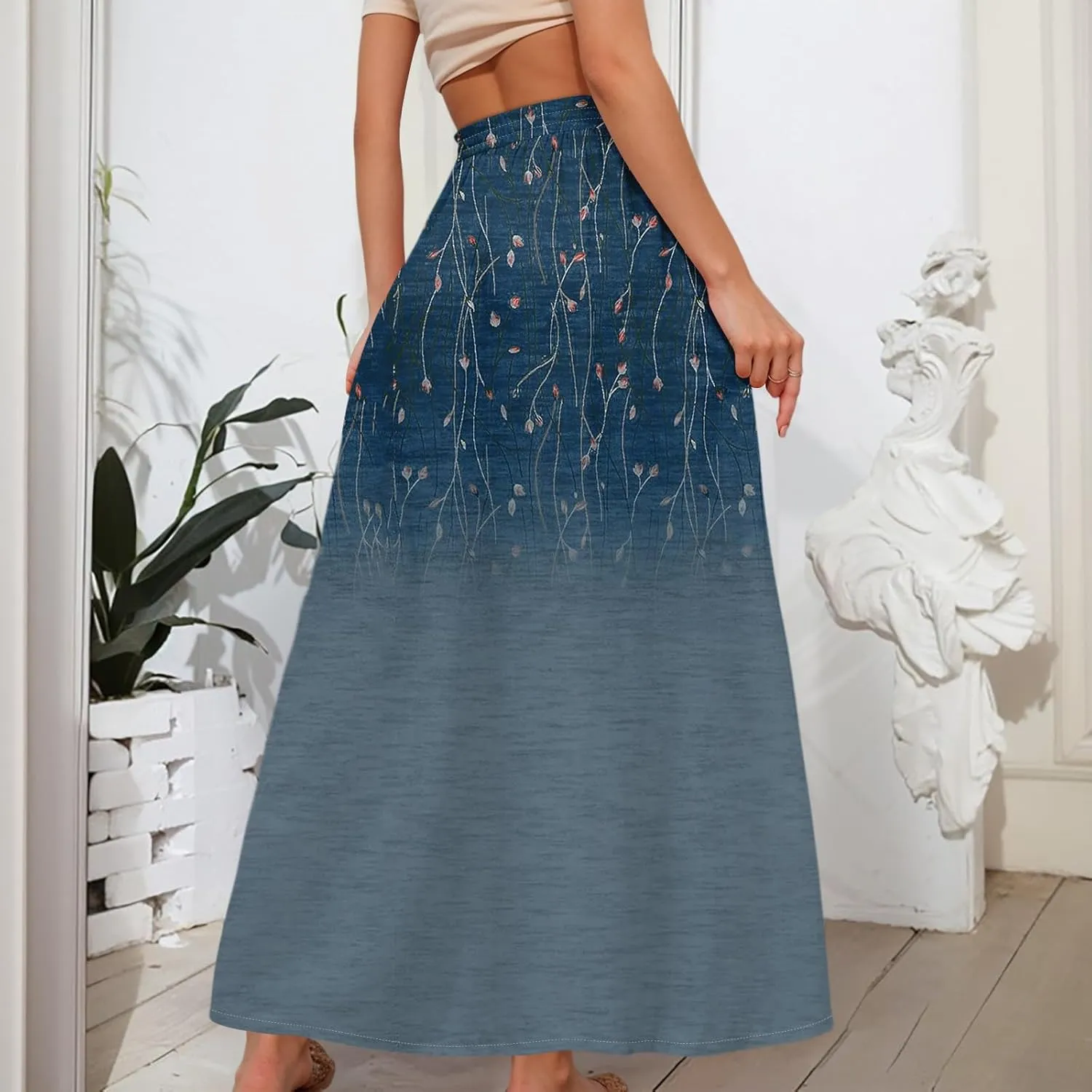 Women's Long Skirts Fall High Waisted Stretchy Vintage Floral Beach Swing Maxi Skirt, S-2XL
