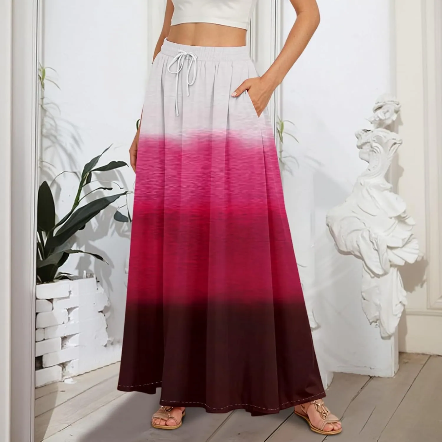 Women's Long Skirts Fall High Waisted Stretchy Vintage Floral Beach Swing Maxi Skirt, S-2XL