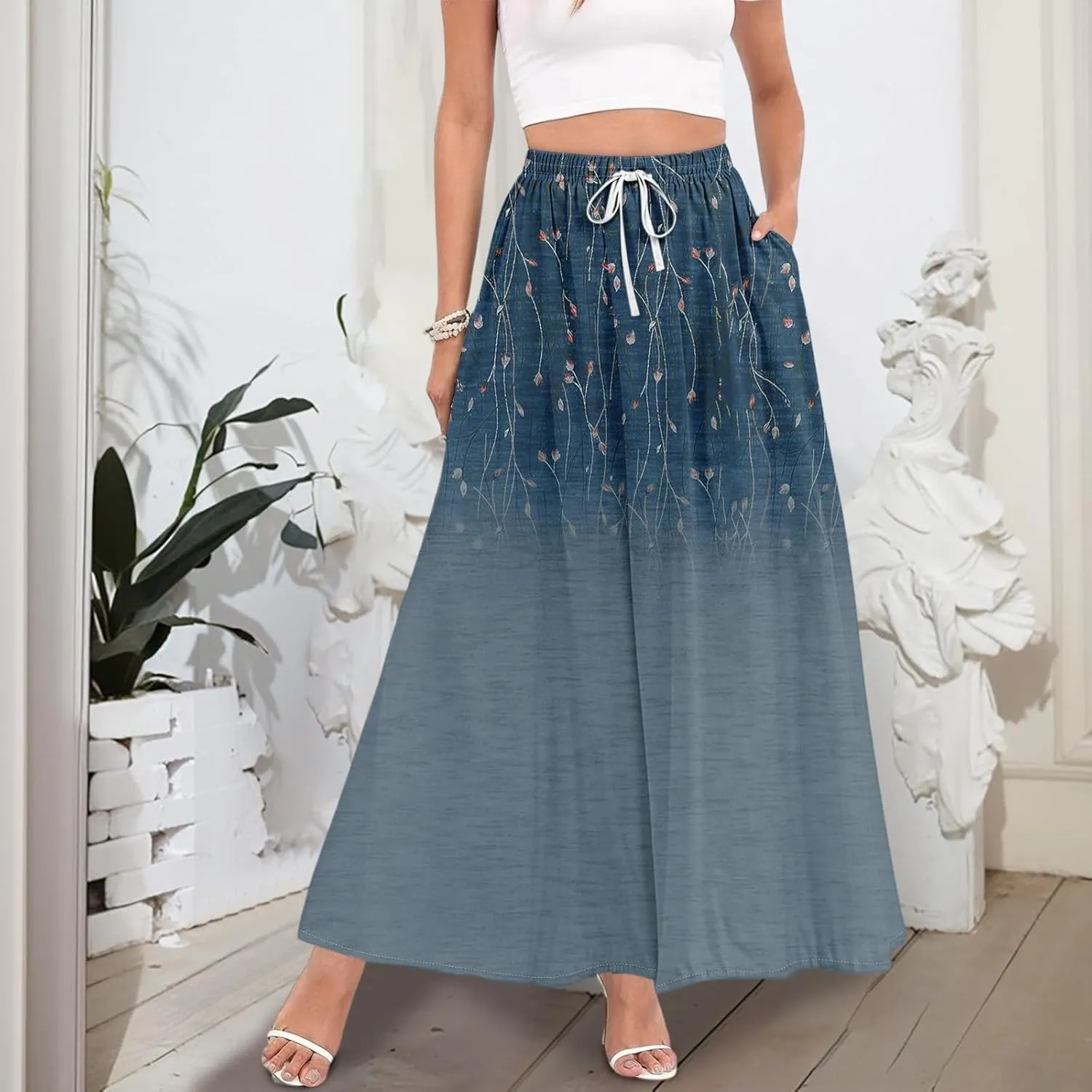 Women's Long Skirts Fall High Waisted Stretchy Vintage Floral Beach Swing Maxi Skirt, S-2XL