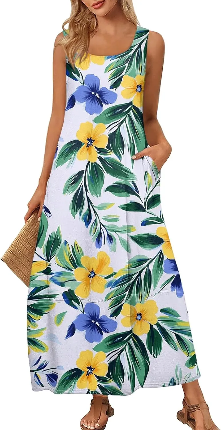 Women's Maxi Sundress 2025 Casual Summer Beach Dress Trendy Sleeveless Loose Tank Dresses Scoop Neck with Pockets