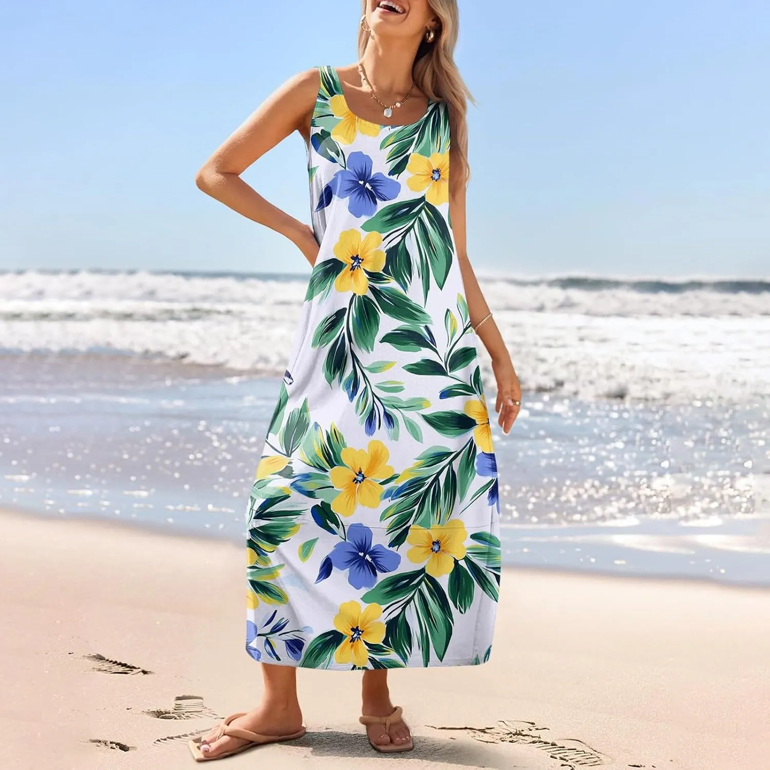 Women's Maxi Sundress 2025 Casual Summer Beach Dress Trendy Sleeveless Loose Tank Dresses Scoop Neck with Pockets
