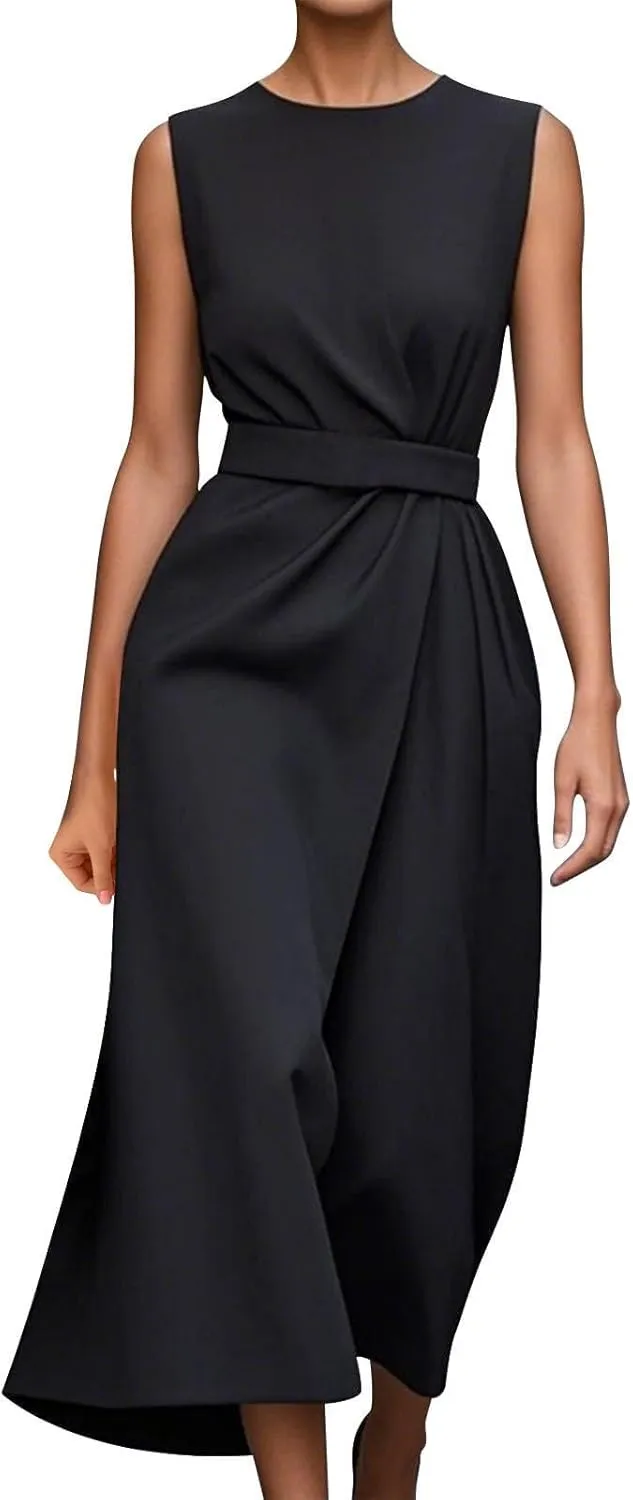 Womens Midi Dresses Sleeveless Belted Formal Wedding Guest Dress Summer Elegant Work Business Loose Plain Dress