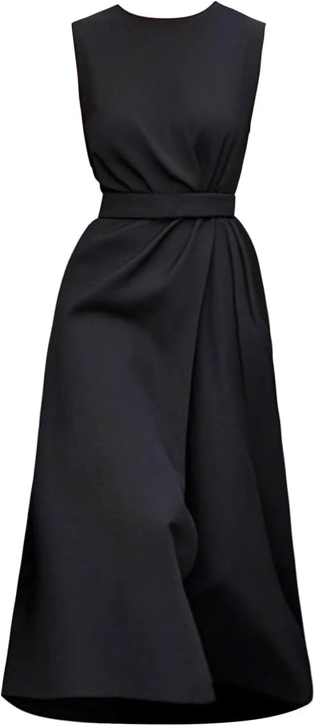 Womens Midi Dresses Sleeveless Belted Formal Wedding Guest Dress Summer Elegant Work Business Loose Plain Dress