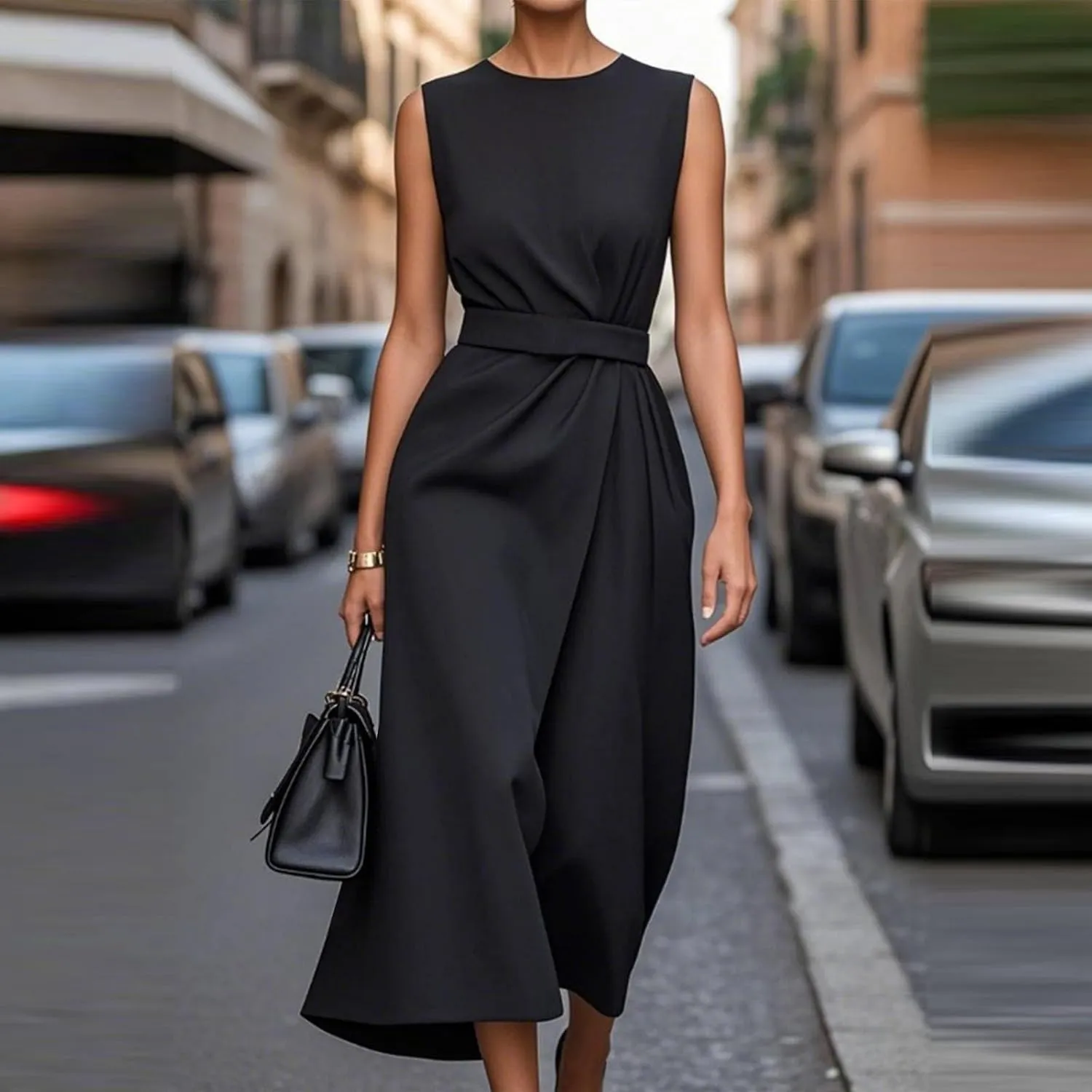 Womens Midi Dresses Sleeveless Belted Formal Wedding Guest Dress Summer Elegant Work Business Loose Plain Dress