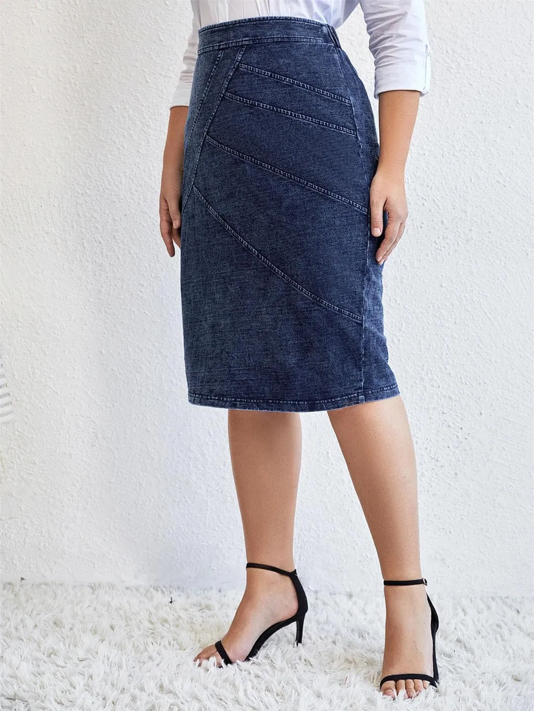 Women's Plus Size Chic Elegant Denim Wide-Waisted Skirt Knee-Length Slim Fit Knitted Cotton Casual Skirt