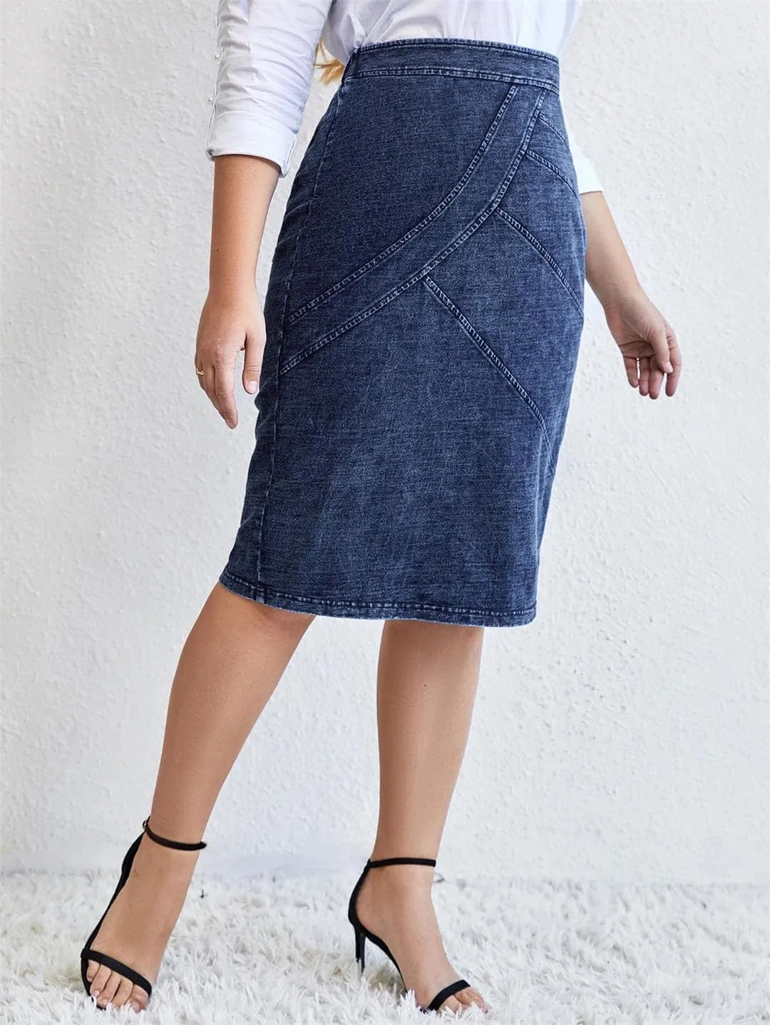 Women's Plus Size Chic Elegant Denim Wide-Waisted Skirt Knee-Length Slim Fit Knitted Cotton Casual Skirt