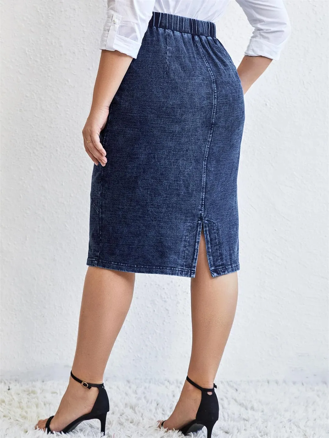 Women's Plus Size Chic Elegant Denim Wide-Waisted Skirt Knee-Length Slim Fit Knitted Cotton Casual Skirt