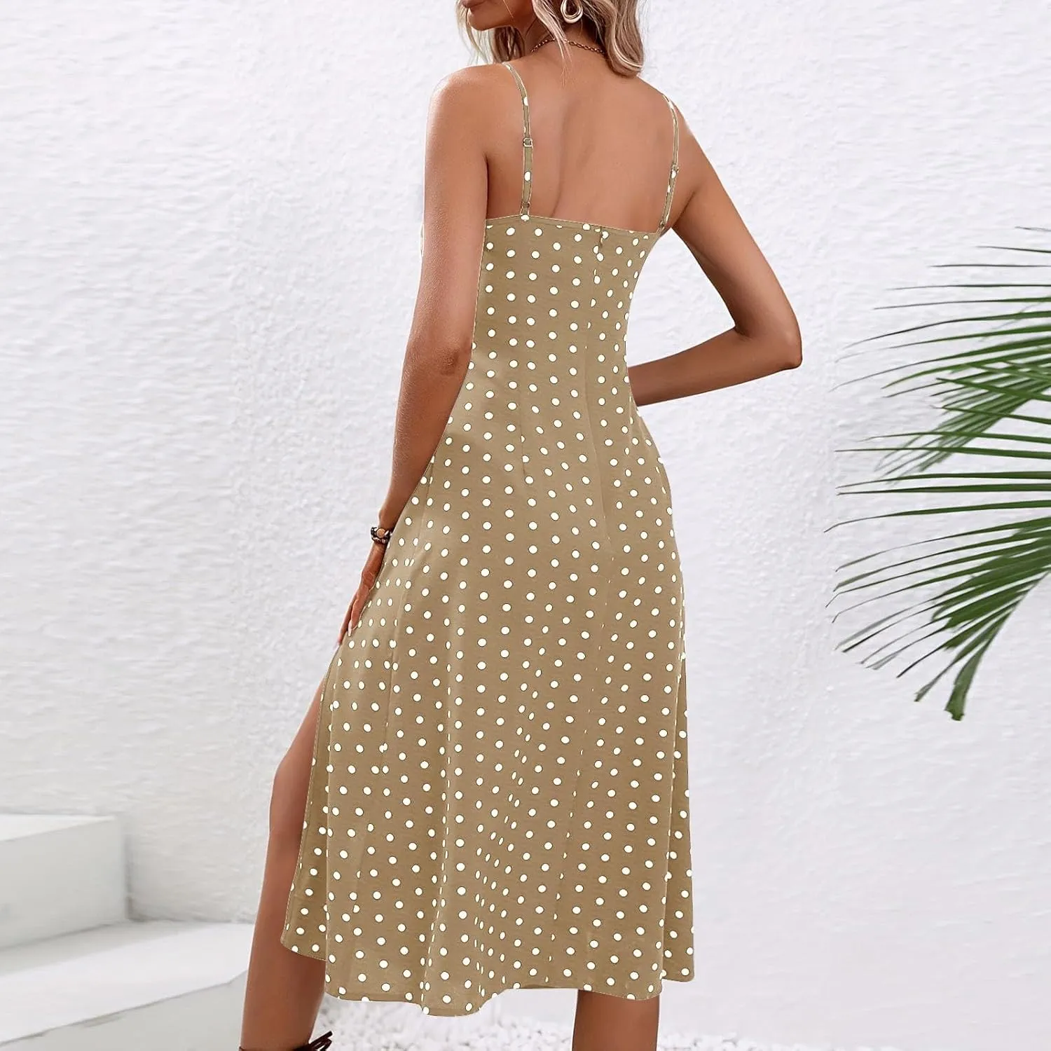 Womens Polka Dot Sundresses Spaghetti Strap Summer Dresses Slim Fit Side Slit Midi Dress Sexy A Line Beach Dress