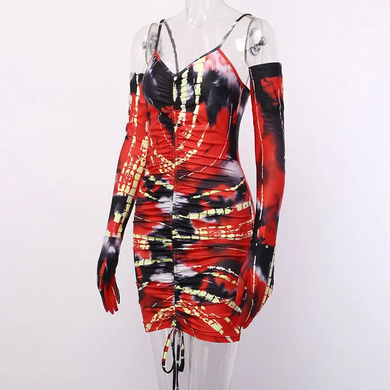 Women's Printed Ruched Skinny Mini Dress With Gloves
