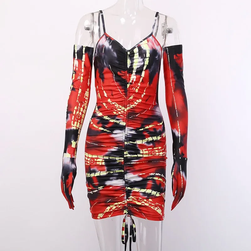 Women's Printed Ruched Skinny Mini Dress With Gloves