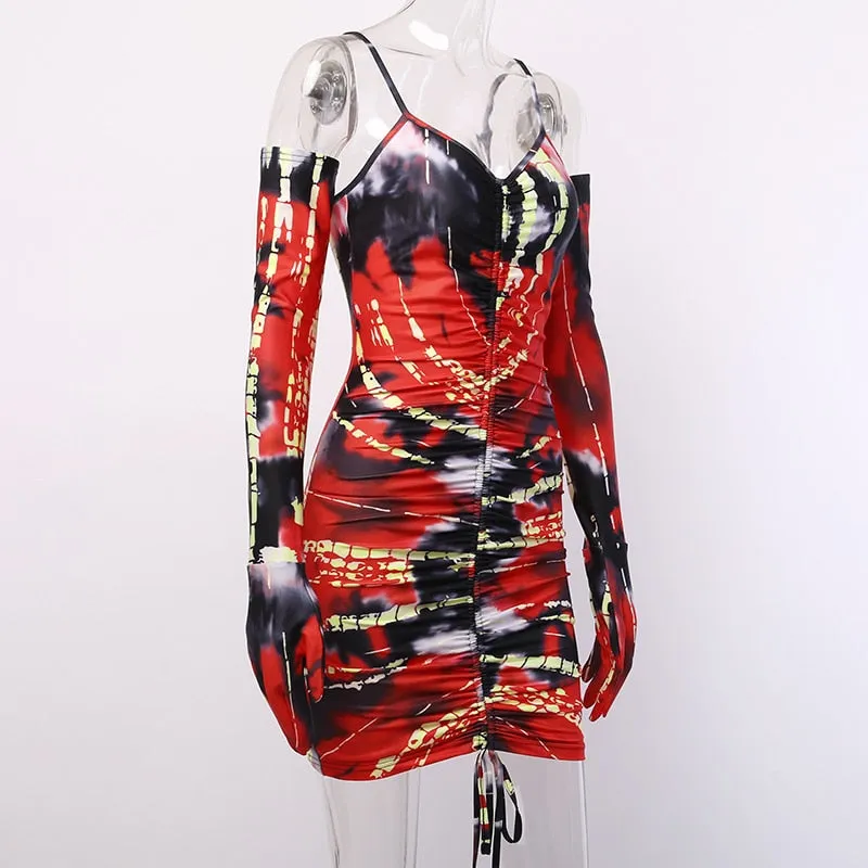 Women's Printed Ruched Skinny Mini Dress With Gloves