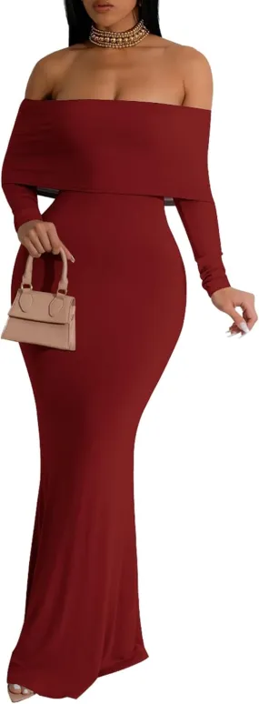 Women's Sexy Elegant Long Sleeve Off Shoulder Bodycon Long Evening Formal Dress Cocktail Party Maxi Dress