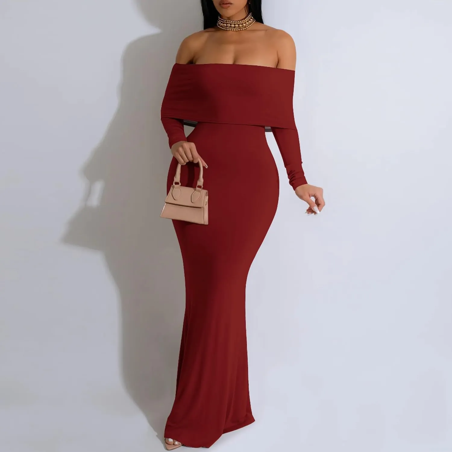 Women's Sexy Elegant Long Sleeve Off Shoulder Bodycon Long Evening Formal Dress Cocktail Party Maxi Dress