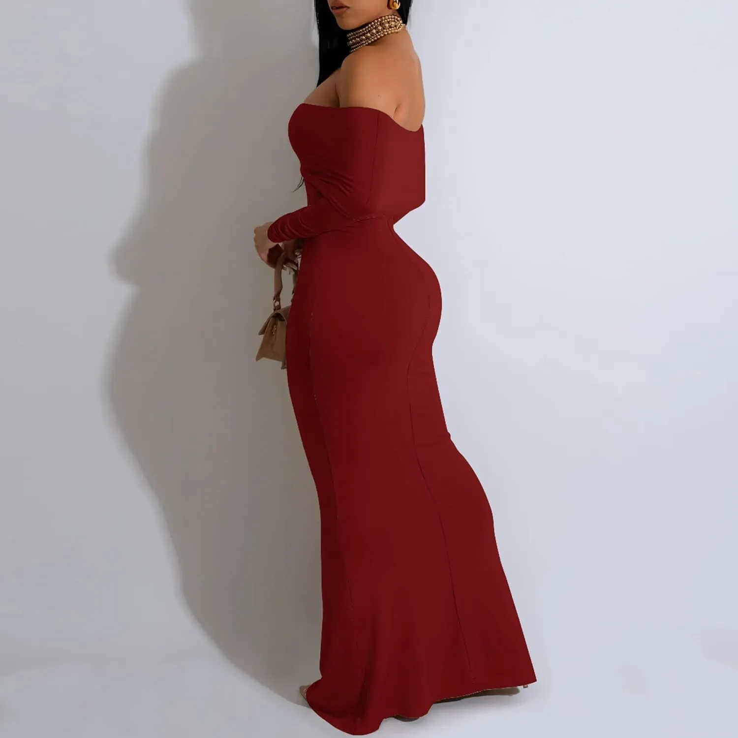 Women's Sexy Elegant Long Sleeve Off Shoulder Bodycon Long Evening Formal Dress Cocktail Party Maxi Dress