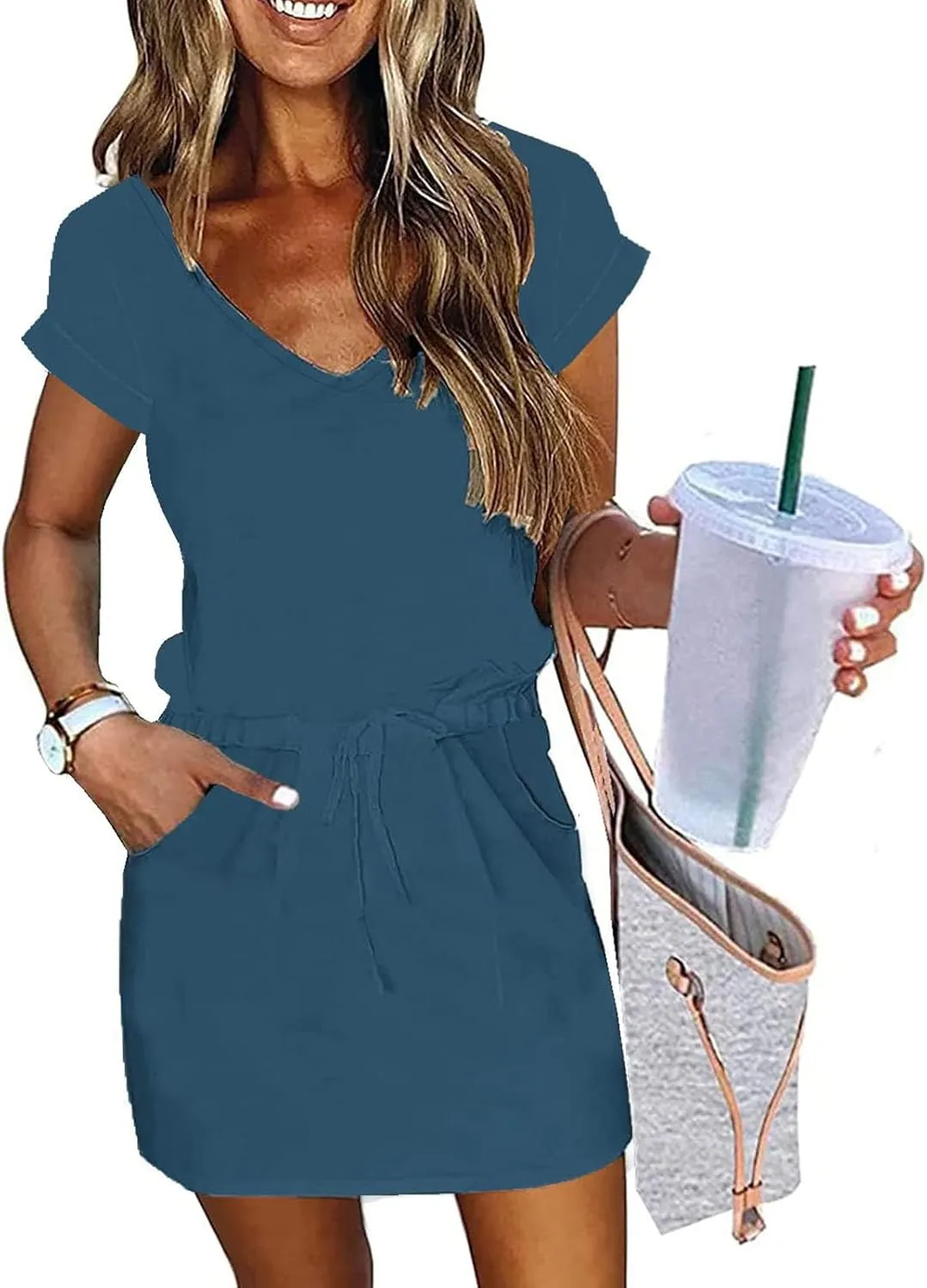 Women's Short Sleeve V-Neck Sundress Simple Solid Color Vacation Short Dresses Comfortable Casual Outfit