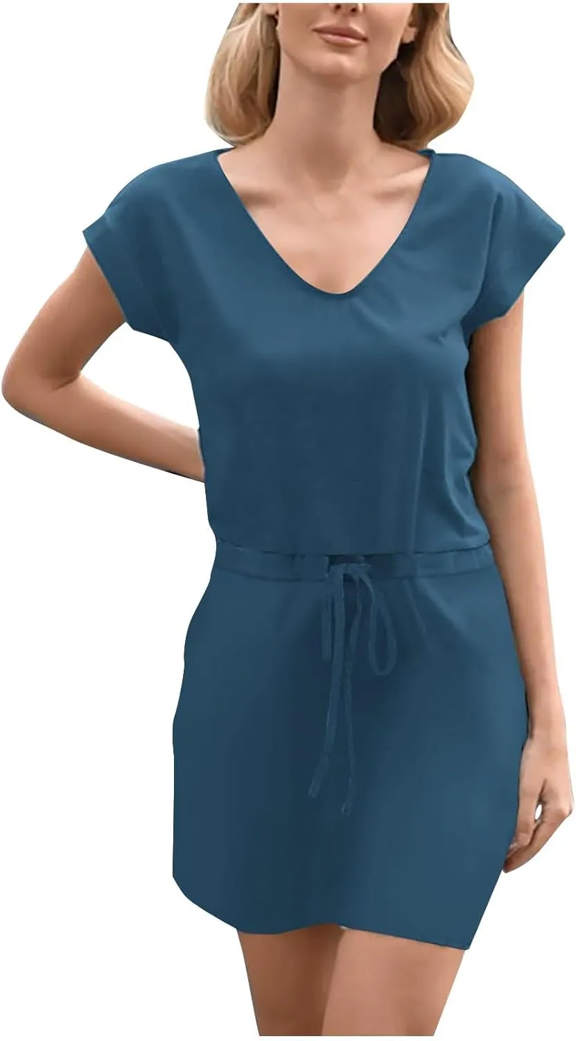 Women's Short Sleeve V-Neck Sundress Simple Solid Color Vacation Short Dresses Comfortable Casual Outfit