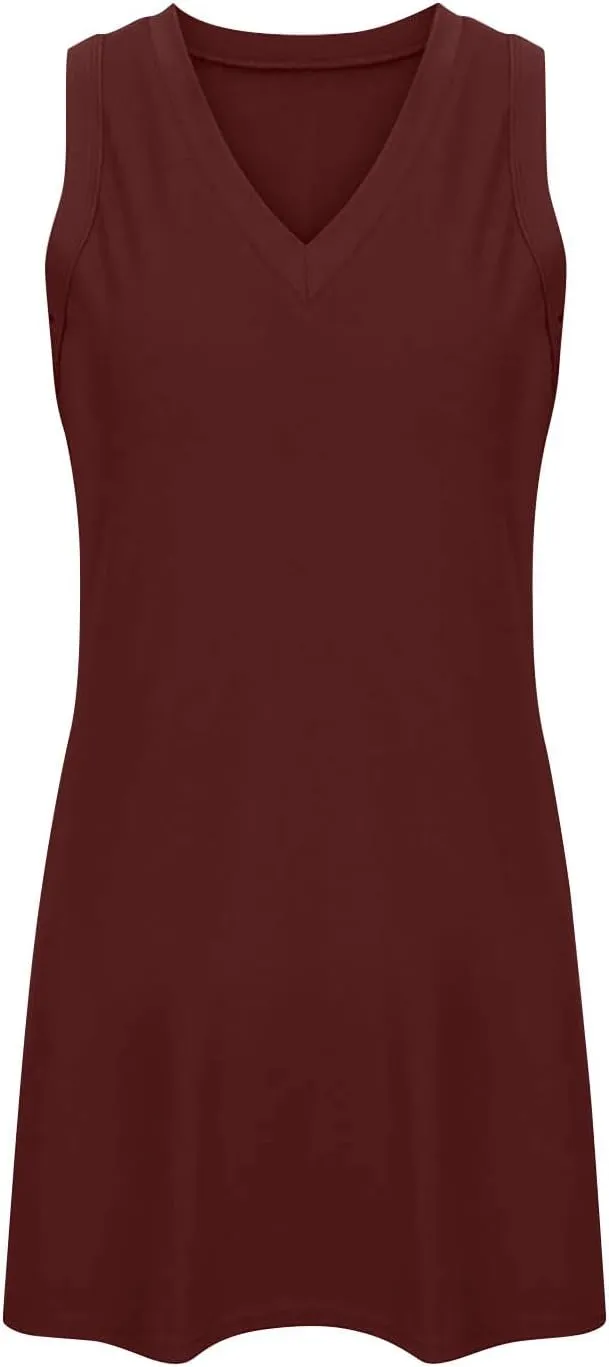 Womens Sleeveless V-Neck Sundress Simple Solid Color Vacation Short Dresses Comfortable Summer Outfit