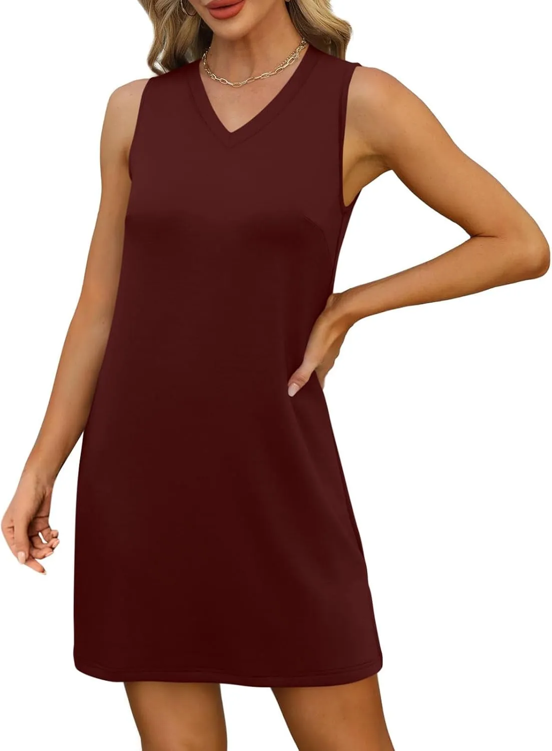 Womens Sleeveless V-Neck Sundress Simple Solid Color Vacation Short Dresses Comfortable Summer Outfit