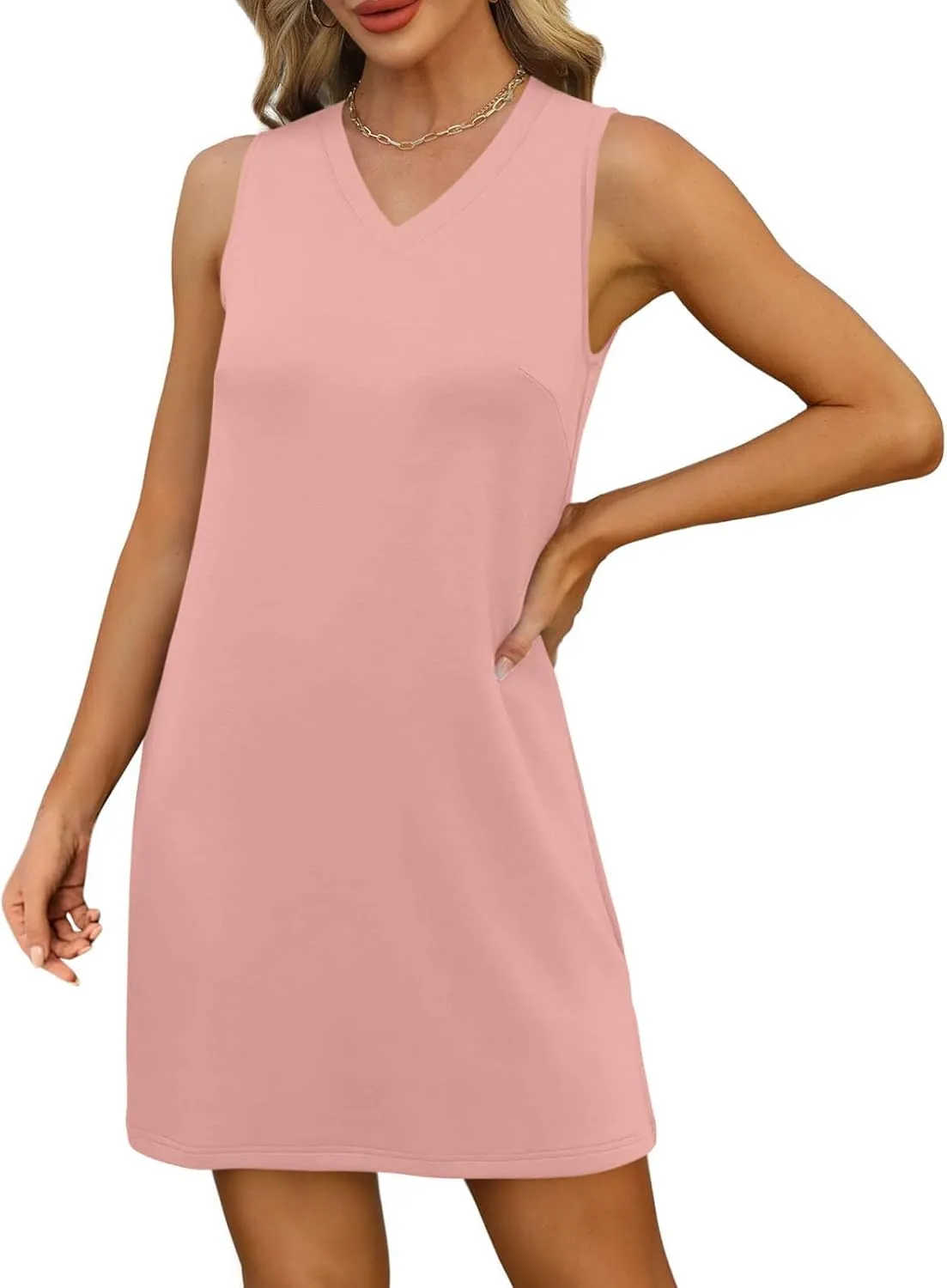 Womens Sleeveless V-Neck Sundress Simple Solid Color Vacation Short Dresses Comfortable Summer Outfit