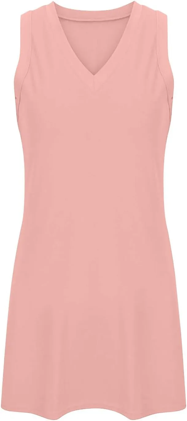 Womens Sleeveless V-Neck Sundress Simple Solid Color Vacation Short Dresses Comfortable Summer Outfit