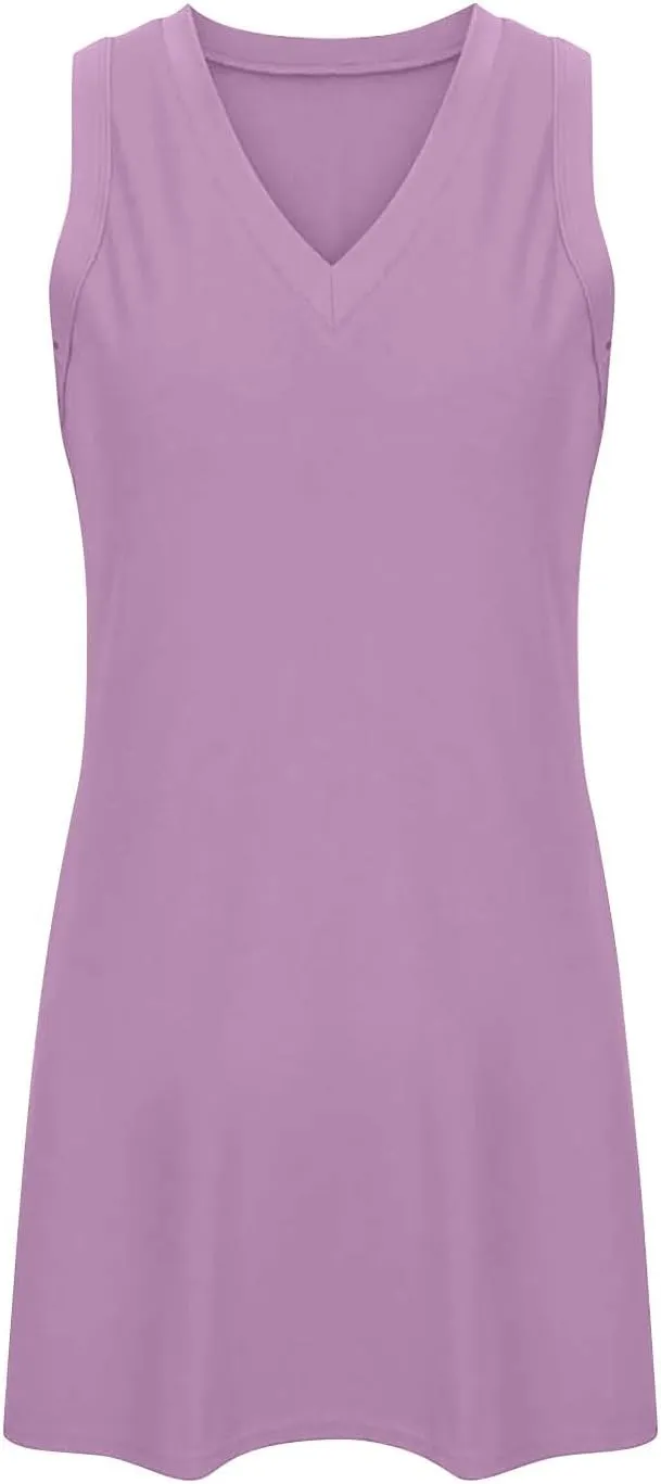 Womens Sleeveless V-Neck Sundress Simple Solid Color Vacation Short Dresses Comfortable Summer Outfit