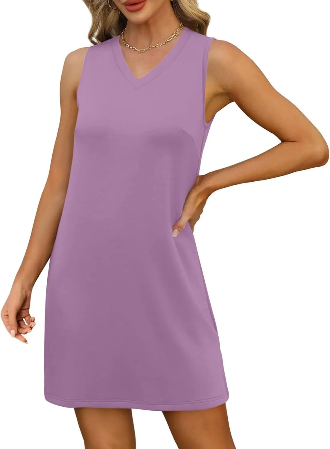 Womens Sleeveless V-Neck Sundress Simple Solid Color Vacation Short Dresses Comfortable Summer Outfit