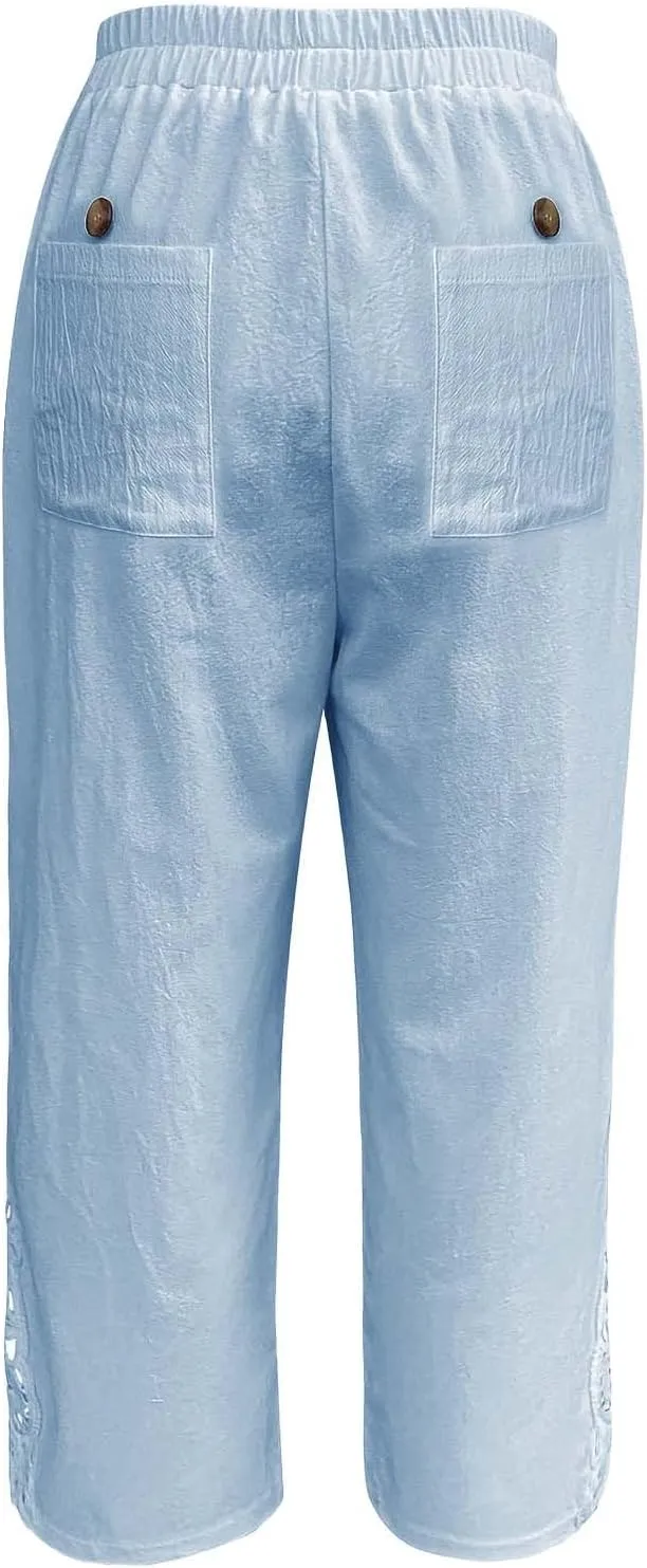 Womens Summer Cotton Linen Pants Trendy Cute Lace Hollow Out Loose Elastic Waist Straight Leg Pant Comfy Trousers