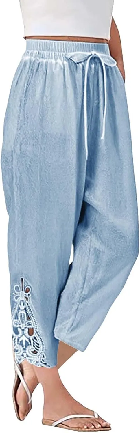Womens Summer Cotton Linen Pants Trendy Cute Lace Hollow Out Loose Elastic Waist Straight Leg Pant Comfy Trousers