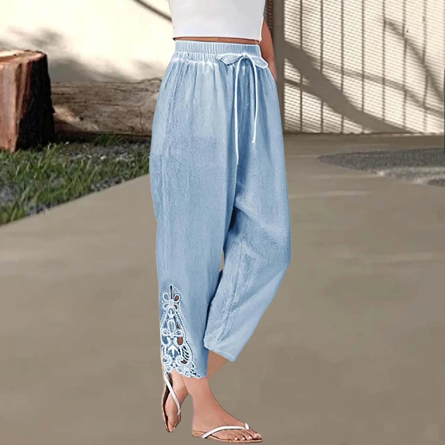 Womens Summer Cotton Linen Pants Trendy Cute Lace Hollow Out Loose Elastic Waist Straight Leg Pant Comfy Trousers
