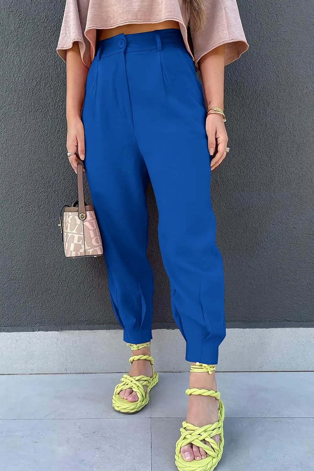 Womens Tapered Pants Summer High Waist Business Pant Harem Pants Solid Color Loose Fit Casual Trousers with Pockets