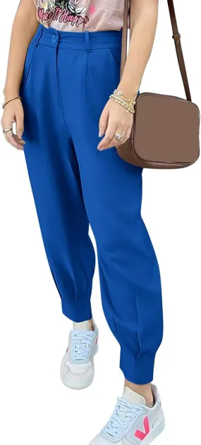 Womens Tapered Pants Summer High Waist Business Pant Harem Pants Solid Color Loose Fit Casual Trousers with Pockets