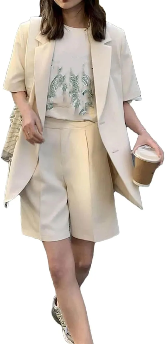 Women'S Thin Casual Loose Short Sleeve Blazer Solid Color Chic Notch Collar Suit Coat