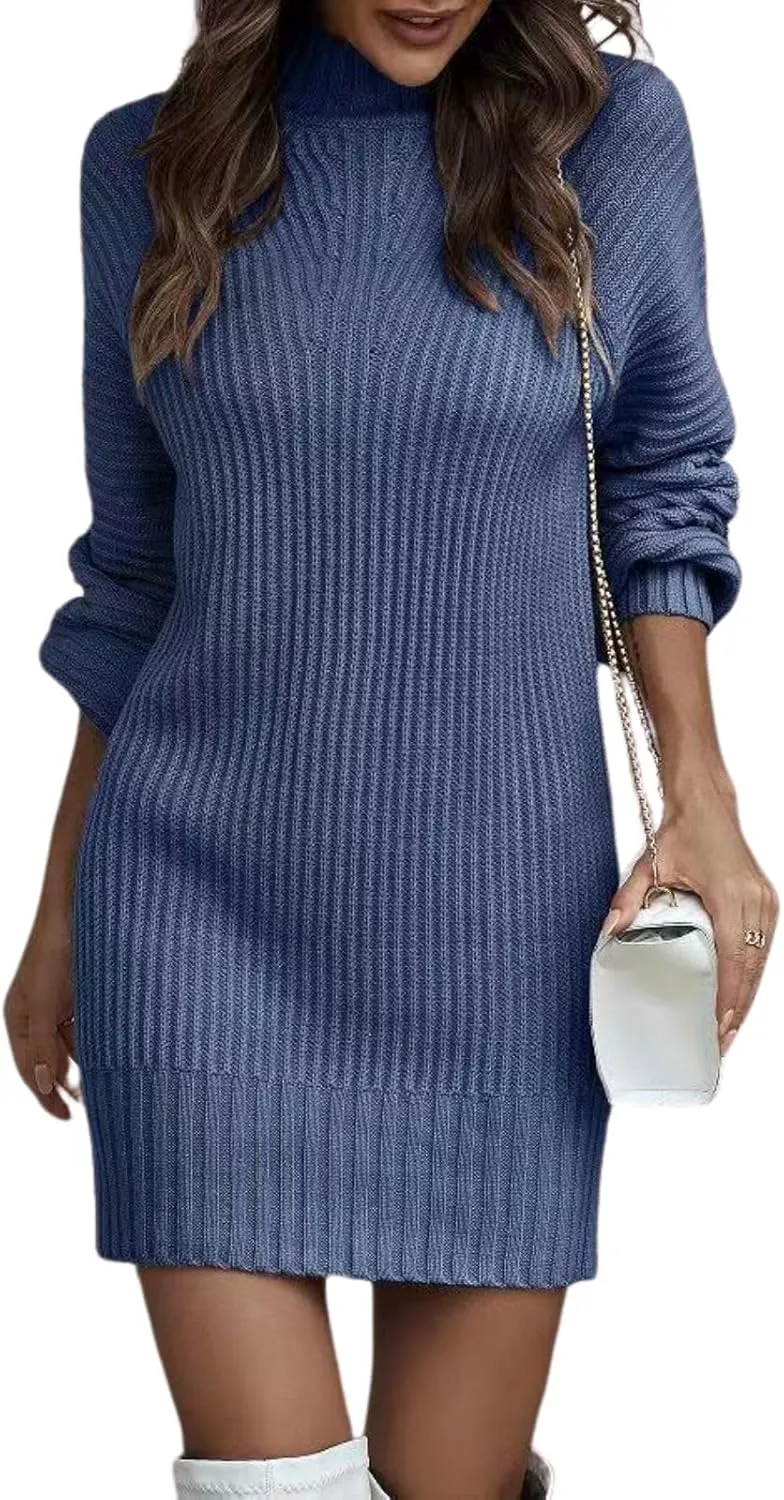 Women's Turtleneck Sweater Dress Oversized Sweater Mini Dress Casual Long Sleeve Knitted Pullover Sweaters Fall Dress