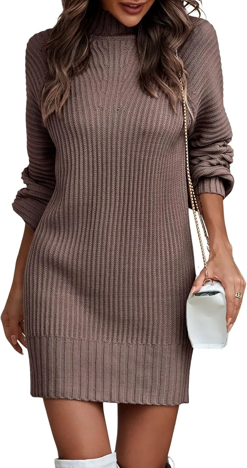 Women's Turtleneck Sweater Dress Oversized Sweater Mini Dress Casual Long Sleeve Knitted Pullover Sweaters Fall Dress