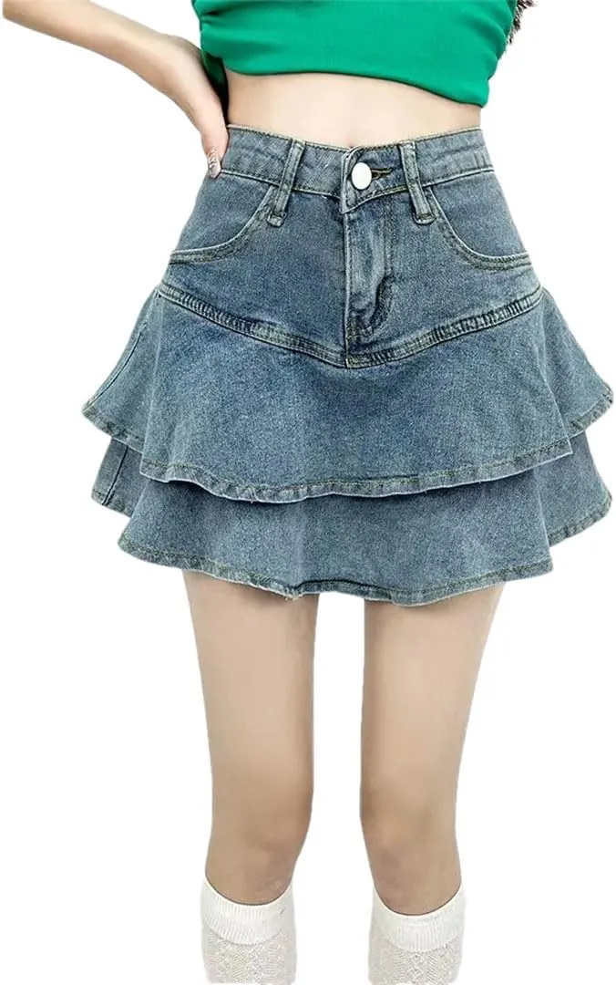 Women's Y2K Chic High Waist Slim Fit Denim Mini Skirt Ruffled Cotton Preppy Style Party Casual Skirt