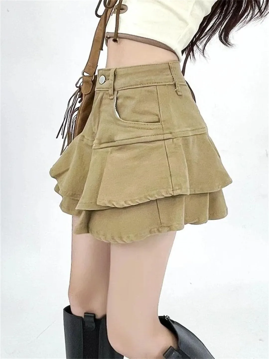 Women's Y2K Chic High Waist Slim Fit Denim Mini Skirt Ruffled Cotton Preppy Style Party Casual Skirt