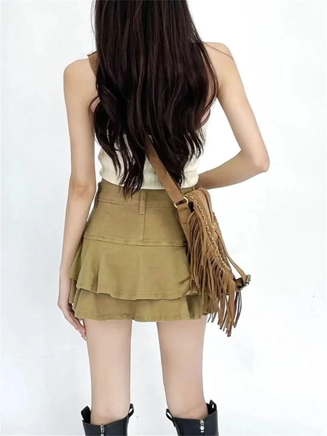 Women's Y2K Chic High Waist Slim Fit Denim Mini Skirt Ruffled Cotton Preppy Style Party Casual Skirt