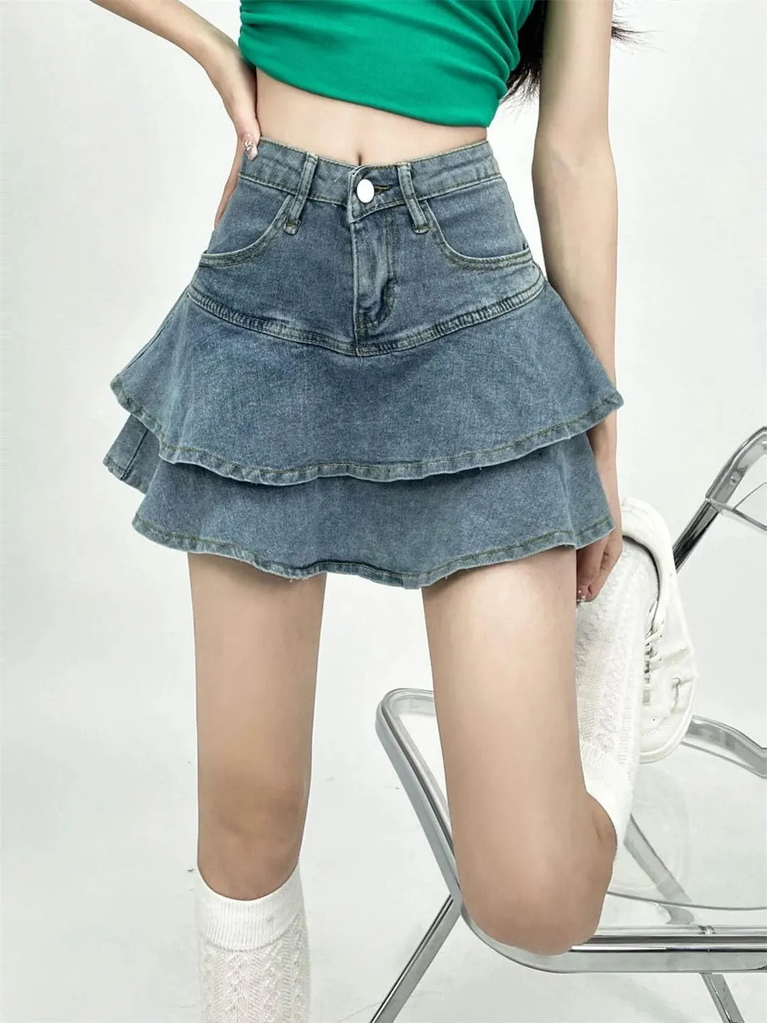 Women's Y2K Chic High Waist Slim Fit Denim Mini Skirt Ruffled Cotton Preppy Style Party Casual Skirt